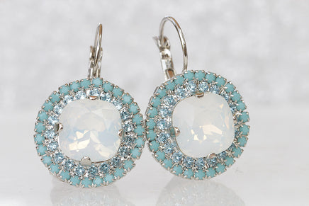 White Opal & Turquoise Crystal Bridal Silver Necklace And Earrings Set