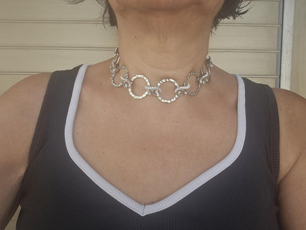 Chunky Silver Circle Collar Necklace with Rhinestones