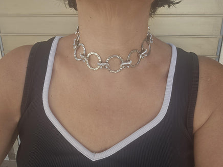 Chunky Silver Circle Collar Necklace with Rhinestones