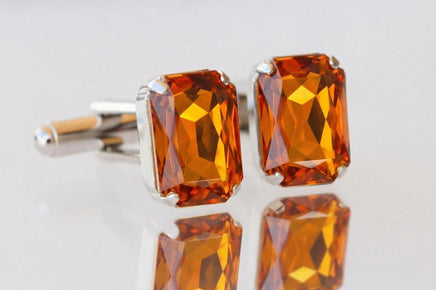 Orange Amber Crystal Cufflinks – Gold or Silver – Wedding Gift