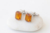 Orange Amber Crystal Cufflinks – Gold or Silver – Wedding Gift