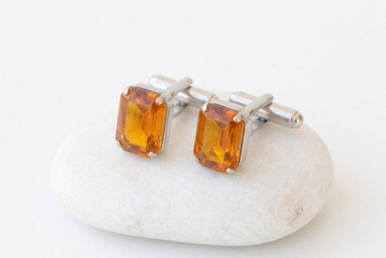 Orange Amber Crystal Cufflinks – Gold or Silver – Wedding Gift