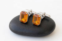 Orange Amber Crystal Cufflinks – Gold or Silver – Wedding Gift