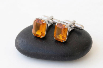 Orange Amber Crystal Cufflinks – Gold or Silver – Wedding Gift