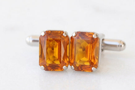 Orange Amber Crystal Cufflinks – Gold or Silver – Wedding Gift