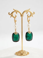 Emerald Crystal Pearl Drop Earrings: Gold Plated Bridal Jewelry
