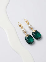 Emerald Crystal Pearl Drop Earrings: Gold Plated Bridal Jewelry
