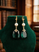 Emerald Crystal Pearl Drop Earrings: Gold Plated Bridal Jewelry