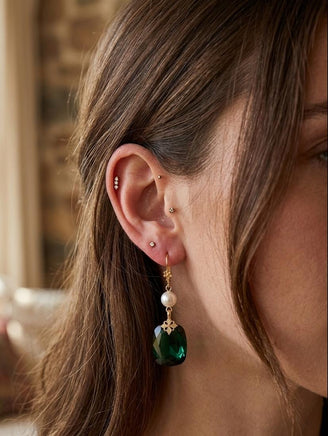 Emerald Crystal Pearl Drop Earrings: Gold Plated Bridal Jewelry
