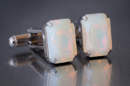 White Opal Crystal Cufflinks: Minimalist Suit Accessory