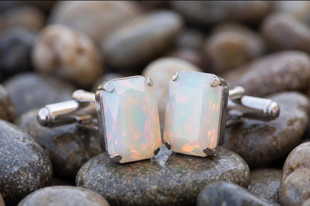 White Opal Crystal Cufflinks: Minimalist Suit Accessory