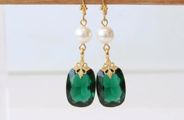 Emerald Crystal Pearl Drop Earrings: Gold Plated Bridal Jewelry
