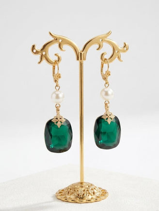 Emerald Crystal Pearl Drop Earrings: Gold Plated Bridal Jewelry