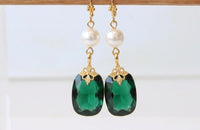 Emerald Crystal Pearl Drop Earrings: Gold Plated Bridal Jewelry