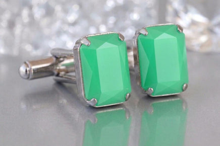 Green Mint Crystal Cufflinks – Gold, Silver, or Rose Gold – Wedding & Gift Accessory