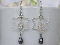 Star of David Drop Earrings – Silver, Gray Pearl, Hamsa Charm