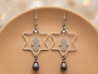 Star of David Drop Earrings – Silver, Gray Pearl, Hamsa Charm