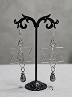 Star of David Drop Earrings – Silver, Gray Pearl, Hamsa Charm