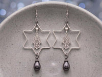 Star of David Drop Earrings – Silver, Gray Pearl, Hamsa Charm