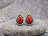 Red Coral & Turquoise Teardrop Earrings – Elegant Gold Vintage Gift for Her
