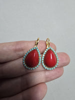 Red Coral & Turquoise Teardrop Earrings – Elegant Gold Vintage Gift for Her