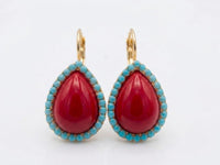 Red Coral & Turquoise Teardrop Earrings – Elegant Gold Vintage Gift for Her
