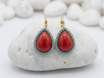 Red Coral & Turquoise Teardrop Earrings – Elegant Gold Vintage Gift for Her
