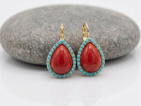 Red Coral & Turquoise Teardrop Earrings – Elegant Gold Vintage Gift for Her