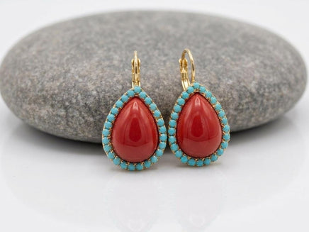 Red Coral & Turquoise Teardrop Earrings – Elegant Gold Vintage Gift for Her