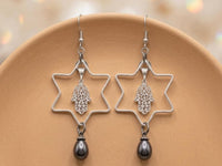 Star of David Drop Earrings – Silver, Gray Pearl, Hamsa Charm