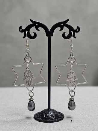Star of David Drop Earrings – Silver, Gray Pearl, Hamsa Charm