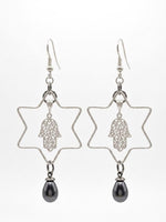 Star of David Drop Earrings – Silver, Gray Pearl, Hamsa Charm