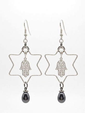 Star of David Drop Earrings – Silver, Gray Pearl, Hamsa Charm