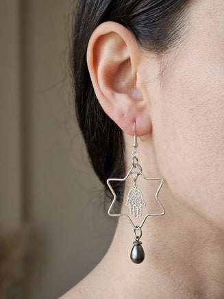 Star of David Drop Earrings – Silver, Gray Pearl, Hamsa Charm