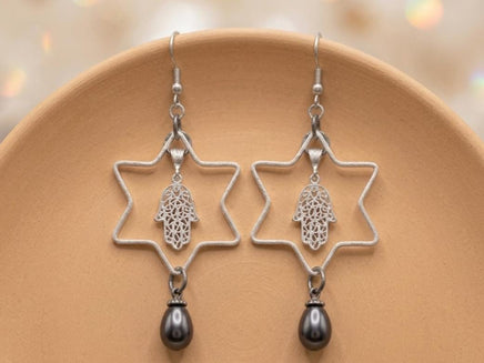 Star of David Drop Earrings – Silver, Gray Pearl, Hamsa Charm