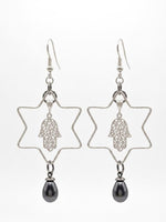 Star of David Drop Earrings – Silver, Gray Pearl, Hamsa Charm