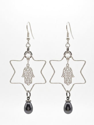 Star of David Drop Earrings – Silver, Gray Pearl, Hamsa Charm