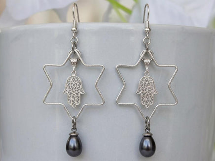Star of David Drop Earrings – Silver, Gray Pearl, Hamsa Charm