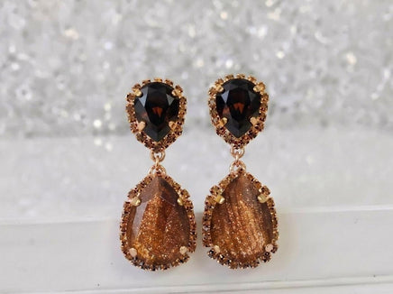 Bronze Chandelier Earrings, Teardrop Crystals, Gold or Silver Plated, Gift for Her