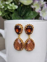 Bronze Chandelier Earrings, Teardrop Crystals, Gold or Silver Plated, Gift for Her