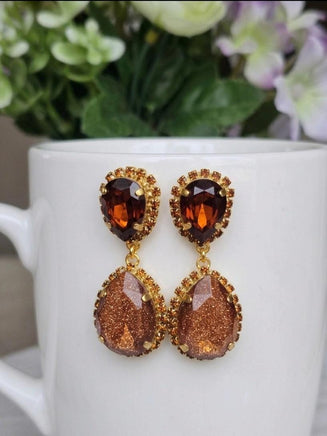 Bronze Chandelier Earrings, Teardrop Crystals, Gold or Silver Plated, Gift for Her