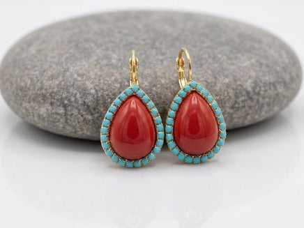 Red Coral & Turquoise Teardrop Earrings – Elegant Gold Vintage Gift for Her