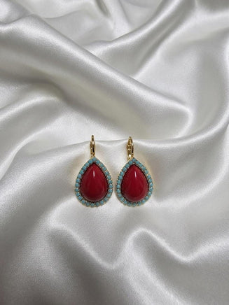 Red Coral & Turquoise Teardrop Earrings – Elegant Gold Vintage Gift for Her