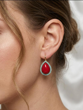 Red Coral & Turquoise Teardrop Earrings – Elegant Gold Vintage Gift for Her