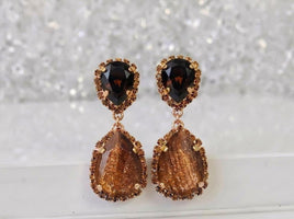 Bronze Chandelier Earrings, Teardrop Crystals, Gold or Silver Plated, Gift for Her