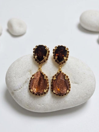 Bronze Chandelier Earrings, Teardrop Crystals, Gold or Silver Plated, Gift for Her