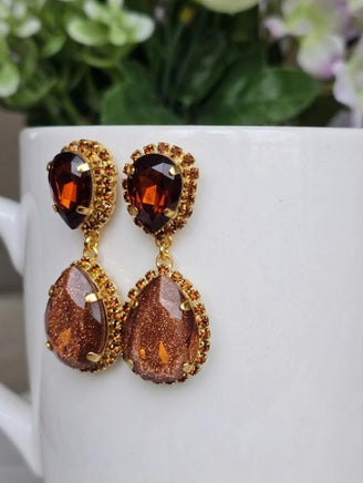 Bronze Chandelier Earrings, Teardrop Crystals, Gold or Silver Plated, Gift for Her