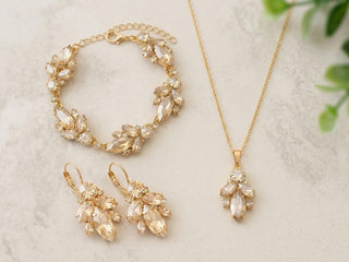 Art Deco Bridal Jewelry Set – Necklace, Bracelet, Earrings in Gold, Rose Gold, Silver