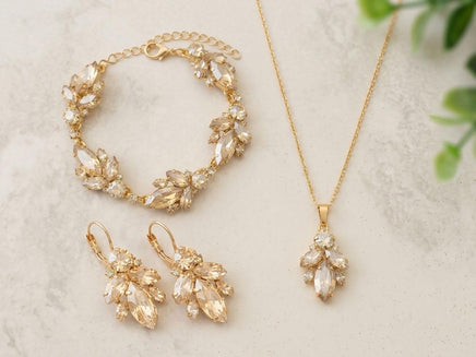 Art Deco Bridal Jewelry Set – Necklace, Bracelet, Earrings in Gold, Rose Gold, Silver