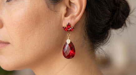 Red Ruby Crystal Teardrop Earrings – Dangle Leaf Earrings